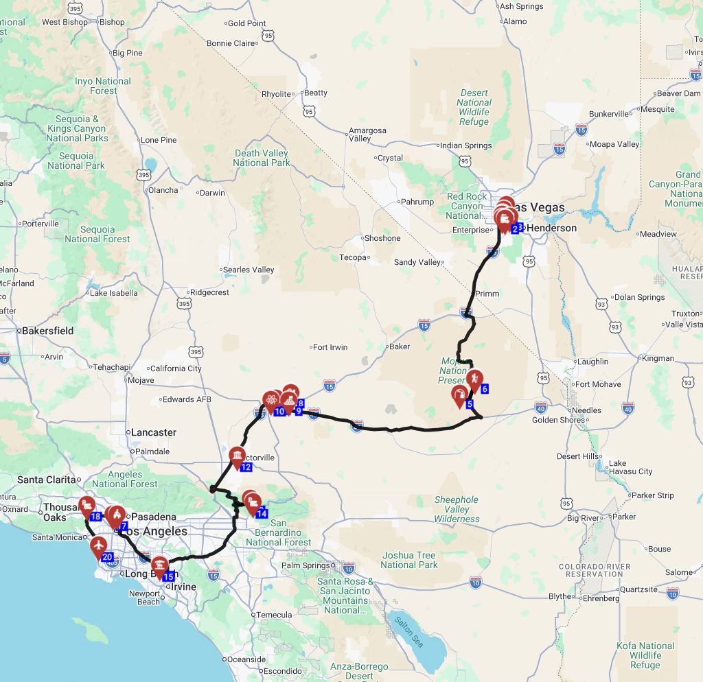Motorhome trip route from Las Vegas to Los Angeles